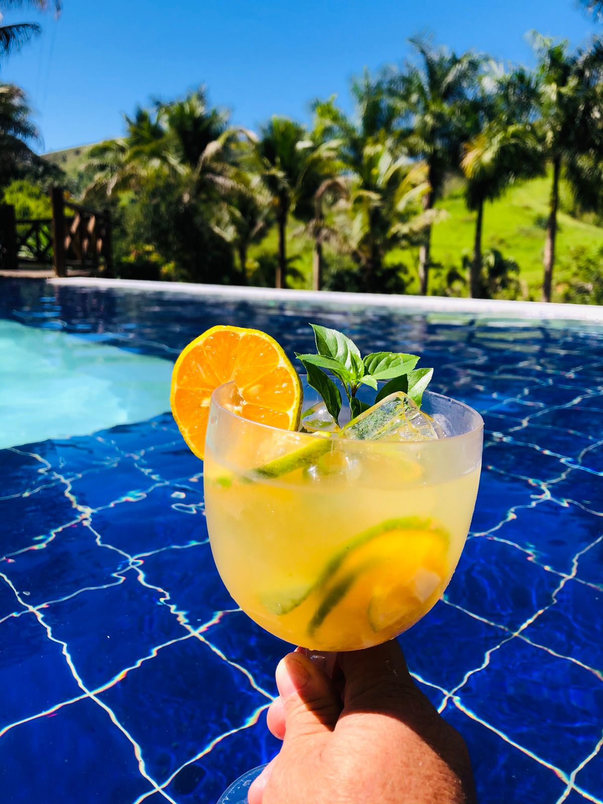 Drinque com laranja à beira da piscina