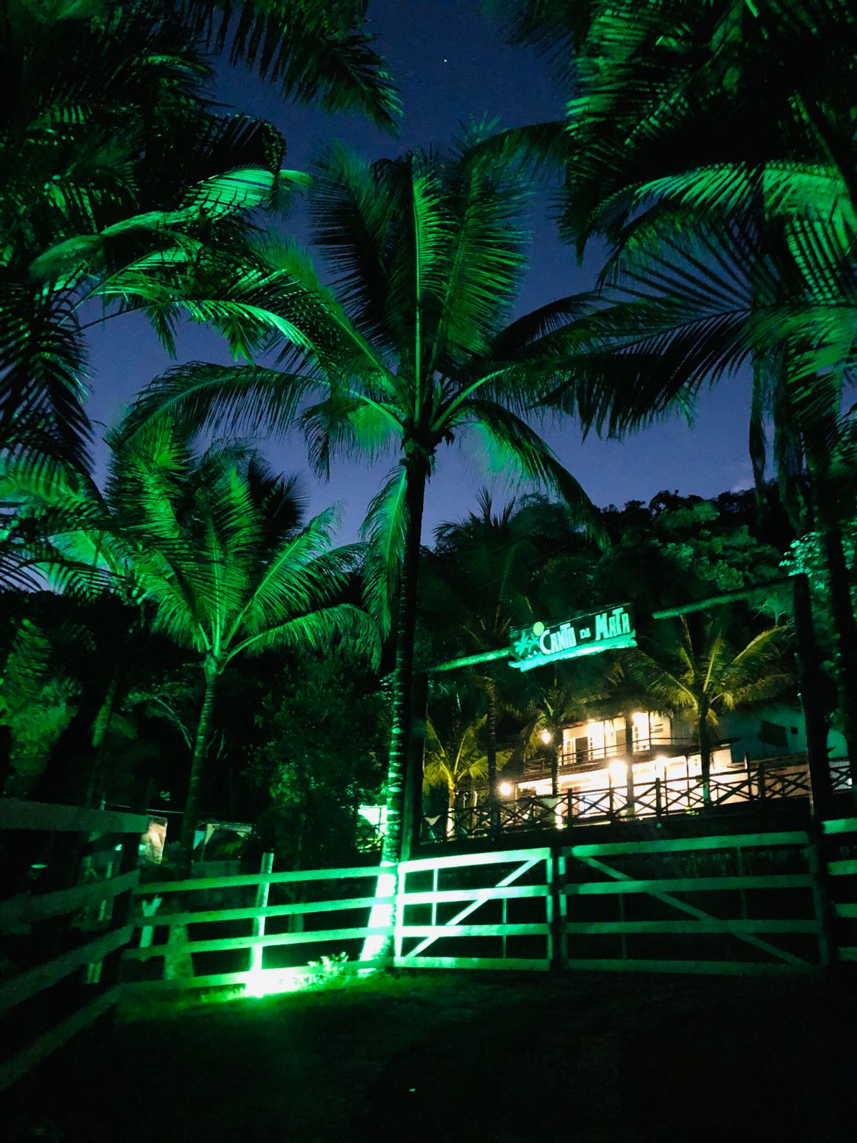 Portão de entrada da Pousada Canto da Mata iluminado à noite entre palmeiras